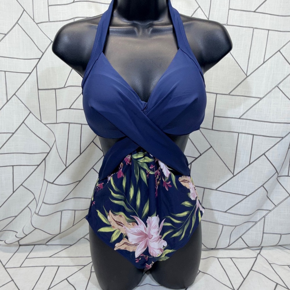 Cupshe One Piece‎ Swimsuit M Navy Blue Tropical Floral Wrap Halter Cutout NWT